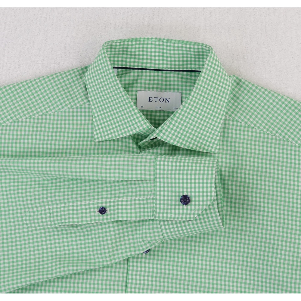 Eton Dress Shirt Mens 15.5 Green Gingham Slim Fit Poplin Cotton Long Sleeve